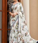 Beautiful Grey Colour Ethnic Fancy Floral Print Ethnic Muslin Fabric Saree
