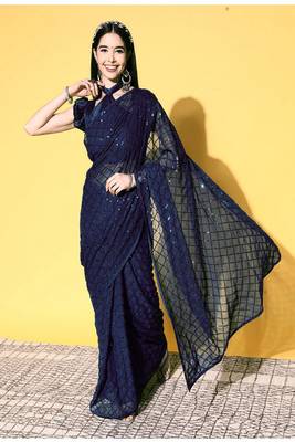 Girlish Blue Trending Sequins Embroidery Work Saree With Fancy Work Blouse 1