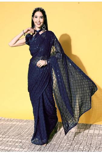 Girlish Blue Trending Sequins Embroidery Work Saree With Fancy Work Blouse