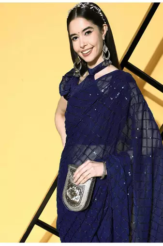 Girlish Blue Trending Sequins Embroidery Work Saree With Fancy Work Blouse