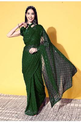 Girlish Green Trending Sequins Embroidery Work Saree With Fancy Work Blouse 1