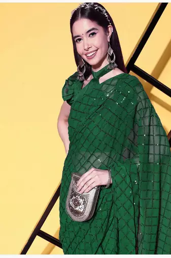 Girlish Green Trending Sequins Embroidery Work Saree With Fancy Work Blouse
