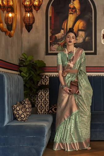 Green Tissue Woven Design Designer Saree With Blouse For Women