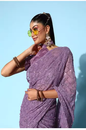 Girlish Onion Trending Sequins Embroidery Work Saree With Fancy Work Blouse