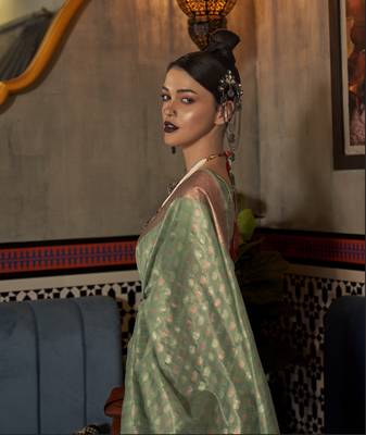 Green Tissue Woven Design Designer Saree With Blouse For Women 2