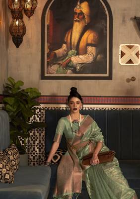 Green Tissue Woven Design Designer Saree With Blouse For Women 3