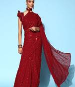 Girlish Red Trending Sequins Embroidery Work Saree With Fancy Work Blouse