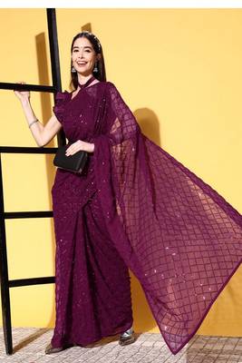 Girlish Wine Trending Sequins Embroidery Work Saree With Fancy Work Blouse 1