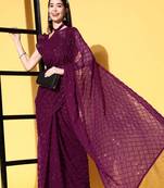 Girlish Wine Trending Sequins Embroidery Work Saree With Fancy Work Blouse