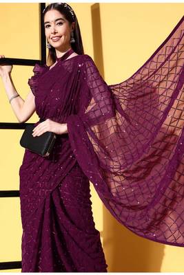 Girlish Wine Trending Sequins Embroidery Work Saree With Fancy Work Blouse 2