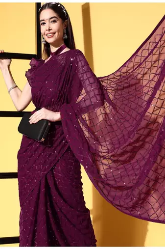 Girlish Wine Trending Sequins Embroidery Work Saree With Fancy Work Blouse