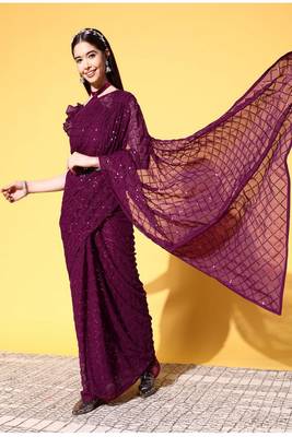 Girlish Wine Trending Sequins Embroidery Work Saree With Fancy Work Blouse 3