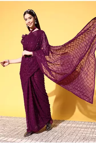 Girlish Wine Trending Sequins Embroidery Work Saree With Fancy Work Blouse