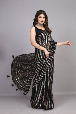Black Fancy Sequins Work Partywear Saree 4