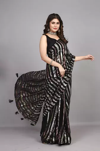 Black Fancy Sequins Work Partywear Saree