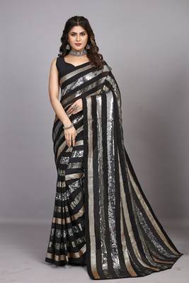 Black Georgette Golden and Silver Sequin Embroidered Saree 1
