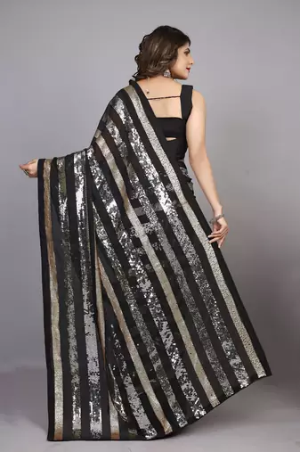 Black Georgette Golden and Silver Sequin Embroidered Saree