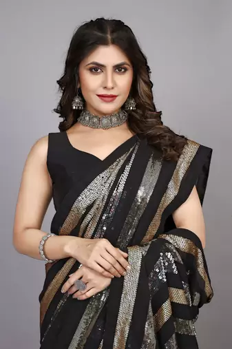 Black Georgette Golden and Silver Sequin Embroidered Saree