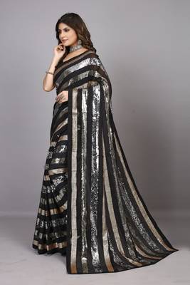Black Georgette Golden and Silver Sequin Embroidered Saree 4