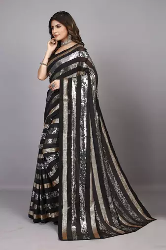 Black Georgette Golden and Silver Sequin Embroidered Saree