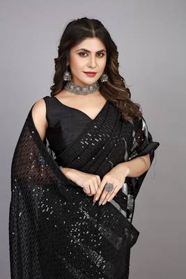Black Fancy Sequins Work Partywear Saree 3