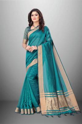 Blue Cotton Organza c Woven Chit Pallu Border Saree 1