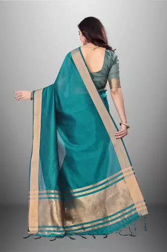 Blue Cotton Organza c Woven Chit Pallu Border Saree