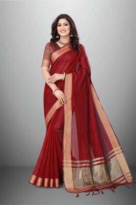 Maroon Cotton Organza c Woven Chit Pallu Border Saree 1