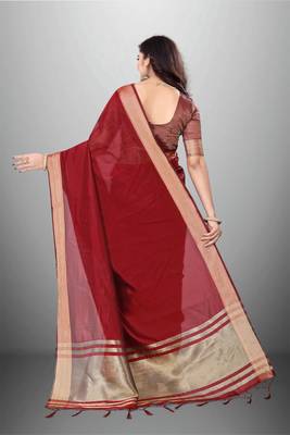 Maroon Cotton Organza c Woven Chit Pallu Border Saree 2