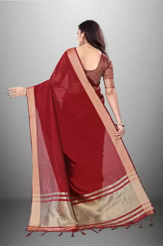 Maroon Cotton Organza c Woven Chit Pallu Border Saree