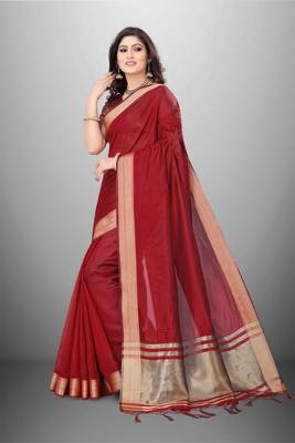 Maroon Cotton Organza c Woven Chit Pallu Border Saree 3