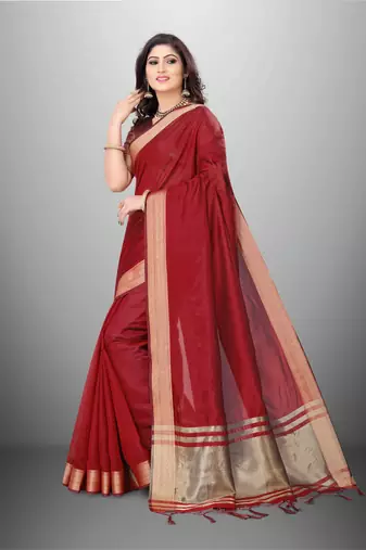 Maroon Cotton Organza c Woven Chit Pallu Border Saree
