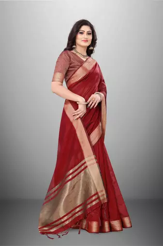 Maroon Cotton Organza c Woven Chit Pallu Border Saree