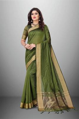 Green Cotton Organza c Woven Chit Pallu Border Saree 1