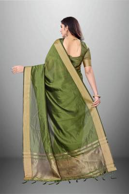 Green Cotton Organza c Woven Chit Pallu Border Saree 2