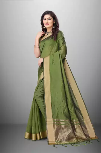 Green Cotton Organza c Woven Chit Pallu Border Saree