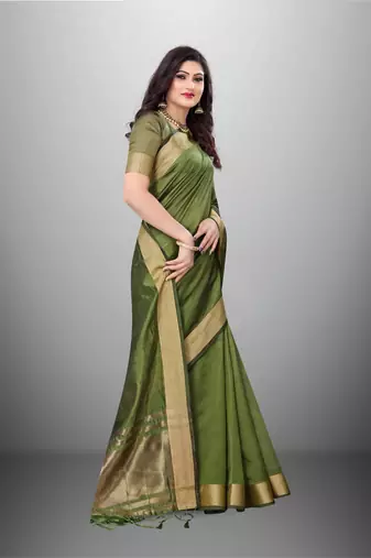 Green Cotton Organza c Woven Chit Pallu Border Saree