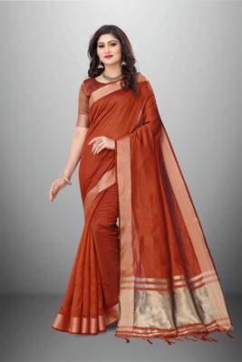 Rust Cotton Organza c Woven Chit Pallu Border Saree 1