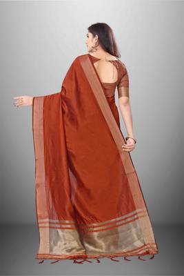 Rust Cotton Organza c Woven Chit Pallu Border Saree 2