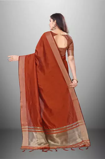 Rust Cotton Organza c Woven Chit Pallu Border Saree
