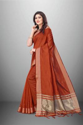 Rust Cotton Organza c Woven Chit Pallu Border Saree 3
