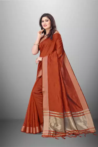 Rust Cotton Organza c Woven Chit Pallu Border Saree