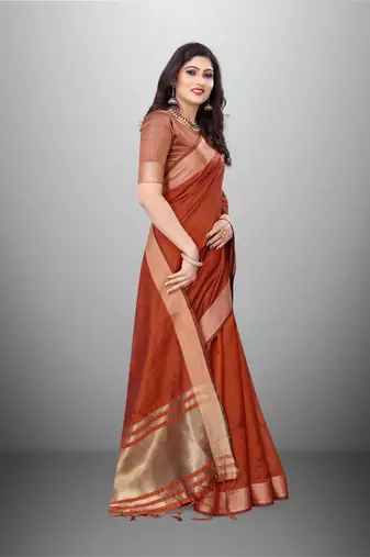 Rust Cotton Organza c Woven Chit Pallu Border Saree