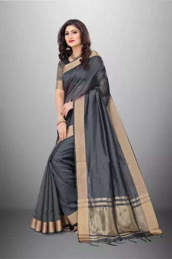 Grey Cotton Organza c Woven Chit Pallu Border Saree