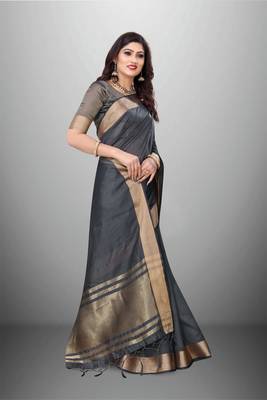 Grey Cotton Organza c Woven Chit Pallu Border Saree 4