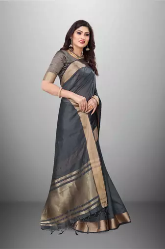 Grey Cotton Organza c Woven Chit Pallu Border Saree