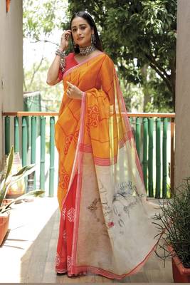  Yellow Figure Digital Print Linen Saree 1