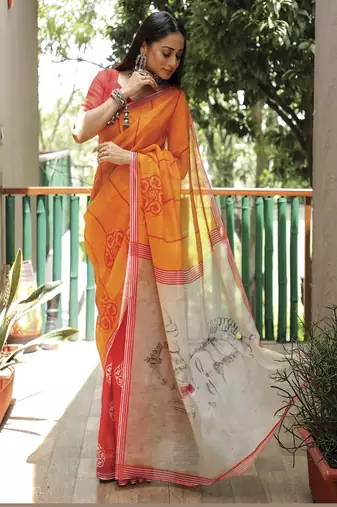  Yellow Figure Digital Print Linen Saree