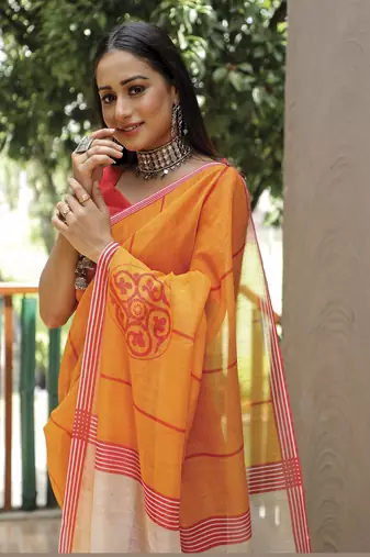  Yellow Figure Digital Print Linen Saree