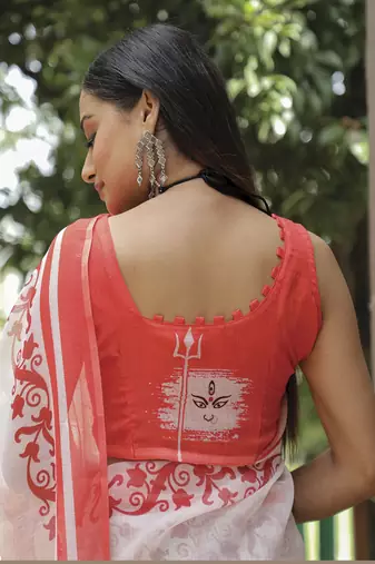  White Figure Digital Print Linen Saree